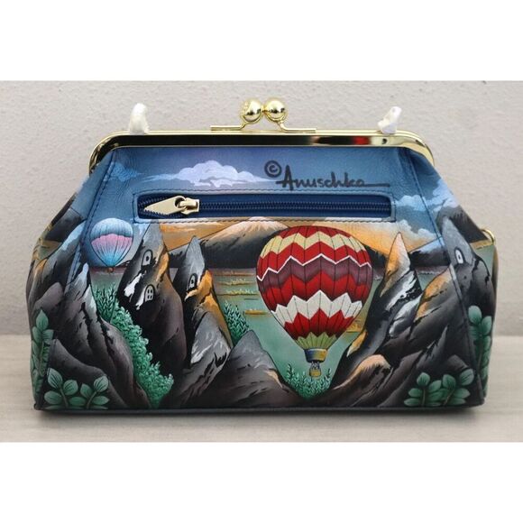 Anuschka Hot Air Balloon Hand-Painted Leather Kiss Lock Clutch Crossbody Bag - Picture 4 of 11